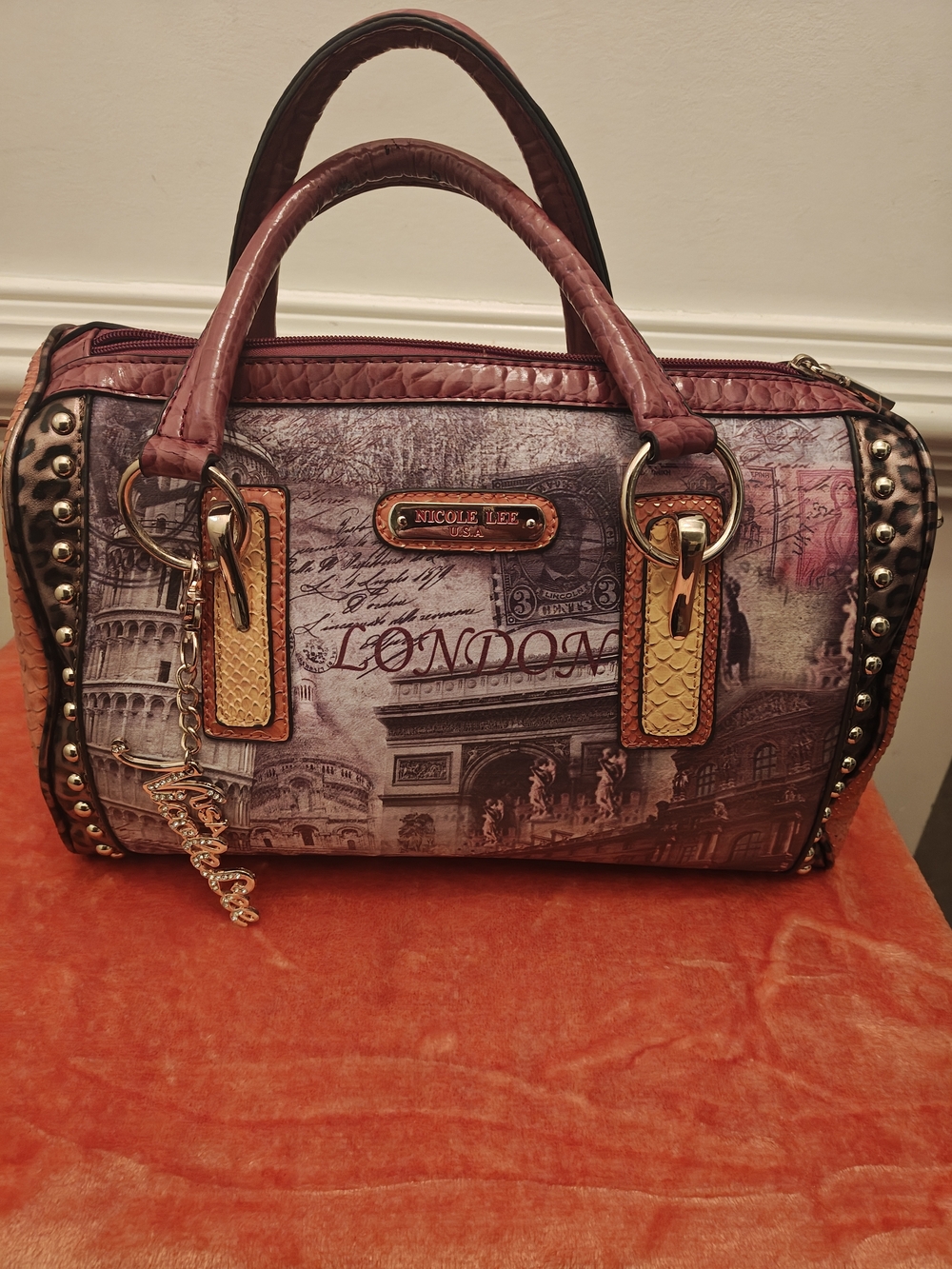 Nicole Lee London Print Dome Satchel - Maroon, Tan & Gold Accents